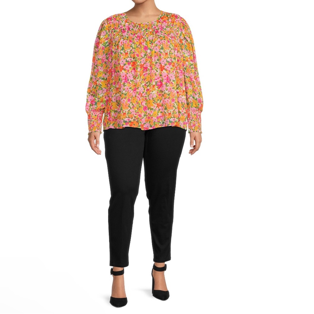 Terra & Sky‎ Women's Smocked Chiffon Top Flower Field Soft Papaya 2X NEW/NWT